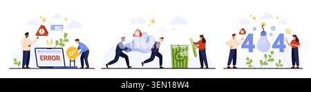 Set of people fixing website error messages, deleting bugs, solving 404 page problems, modern flat design for web maintenance and technical support isolated on white background vector illustration Stock Vector