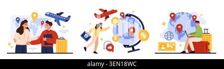 People planning expat employment with recruiters, flights, luggage, world map, location pins, money icons, remote work tools, international job search isolated on white background vector illustration Stock Vector