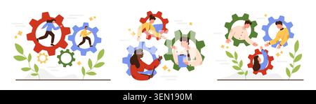 Business people collaborating inside colorful gear mechanisms, symbolizing teamwork, workflow partnership, productivity cooperation, leadership, project management, growth success vector illustration Stock Vector