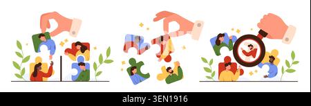 Human resources concept with hands assembling puzzle pieces featuring diverse employees, teamwork, hiring, recruitment, candidate search, magnifying glass, HR puzzle set, isolated vector illustration Stock Vector