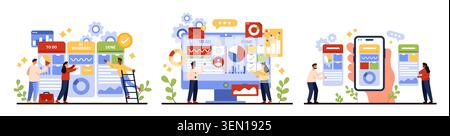 Team using kanban board and scrum workflow for agile project management, tracking tasks on desktop and mobile dashboards, isolated on white background vector illustration Stock Vector