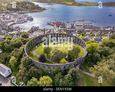 McCaig's Tower overlooking Oban Bay, Scotland, viewed from above with panoramic views across the harbour and west coast. Stock Photo