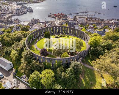 McCaig's Tower overlooking Oban Bay, Scotland, viewed from above with panoramic views across the harbour and west coast. Stock Photo
