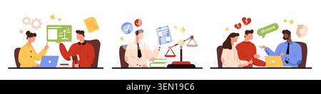 People consulting lawyers for legal advice, contract review, justice scales, divorce discussion, paperwork, office workspace, flat style characters isolated on white background vector illustration Stock Vector