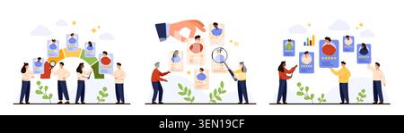 Human resources team reviewing resumes, evaluating candidate profiles, selecting best employees with rating stars and analytics charts for hiring process isolated on white vector illustration Stock Vector