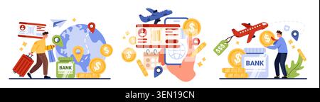 Budget travel concept with cheap plane tickets, online booking, banking savings, coins, globe, airplanes, mobile app, financial planning for low cost flights isolated on white vector illustration Stock Vector