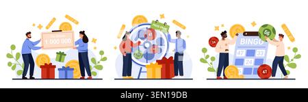 People celebrating lottery jackpot, prize draw and bingo win with tickets, money, coins, gifts, lucky numbers, flat cartoon style isolated on white background vector illustration Stock Vector