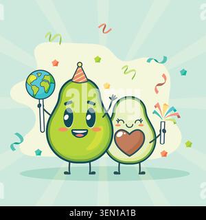 Cartoon avocado celebrating graphic for World Avocado Day in July Stock Vector