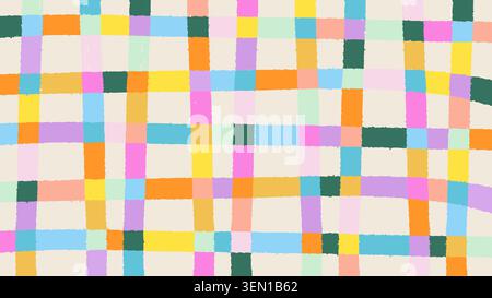 Hand-drawn colorful checkered grid pattern on beige background Stock Vector