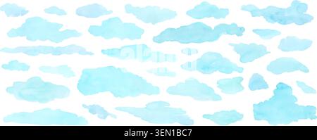 Soft blue watercolor clouds float across white vector illustration set Stock Vector