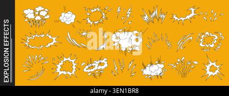 Explosive doodle comic action scene featuring dynamic burst effect vector illustration set. Stock Vector