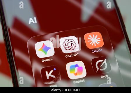 Paris, France - 09 Jun 2026: A close-up look at a smartphone grid featuring various leading AI applications, including ChatGPT, Claude, and Gemini. Stock Photo