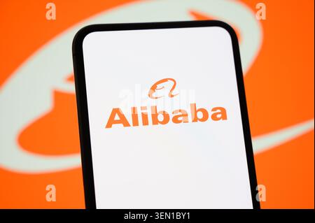 Paris, France - 09 Jun 2026: The Alibaba Group corporate logo clearly displayed on a smartphone screen. Stock Photo