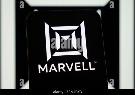 Paris, France - 09 Jun 2026: Smartphone screen displaying the Marvell brand logo, highlighting its role in high-speed data infrastructure. Stock Photo