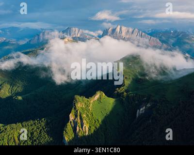 Aerial view of the dramatic green mountains and deep valleys of THakgil ...
