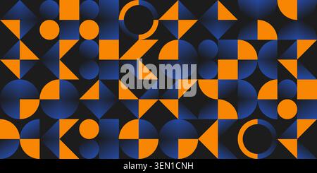 Abstract geometric seamless pattern with blue gradients and vibrant orange shapes Stock Vector