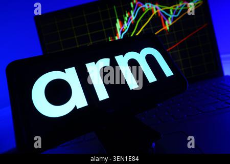 ARM Holdings Leading British Semiconductor IP And CPU Architecture Licensing Company Logo On Mobile Phone Screen With Stock Market Chart Stock Photo