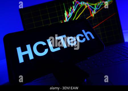 HCL Technologies Leading Indian Multinational Information Technology And IT Services Company Logo On Mobile Phone Screen With Stock Market Chart Stock Photo