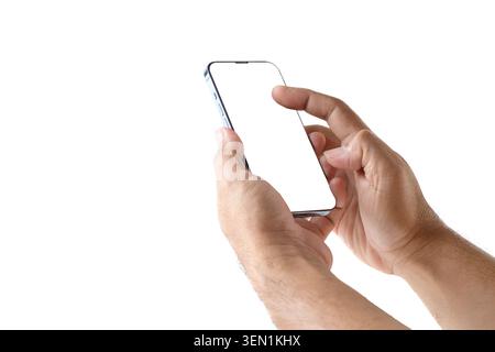 Close-up of hands holding and interacting with a modern smartphone featuring a blank white screen on a clean light gray background. The image is ideal Stock Photo