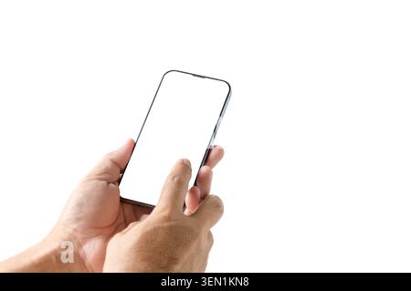 Close-up of hands holding and interacting with a modern smartphone featuring a blank white screen. Isolated on a white background with ample copy spac Stock Photo