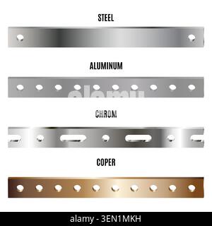 Vector set of metallic mounting strips with holes and slots. Steel, aluminum, chrome and copper fastening bars isolated on white background. Part one Stock Vector