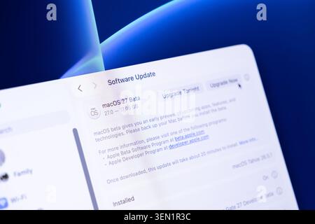 Poznan, Poland - June 9, 2026: Apple macOS 27 system update window displayed on a monitor, reflecting the digital progression and feature deployment f Stock Photo