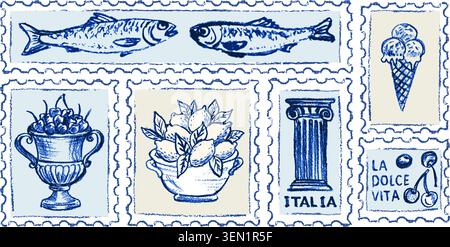 Hand drawn Amalfi coast postage stamps with lemons cherries fish and italian column Stock Vector