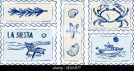 Mediterranean seaside postage stamp collection with beach chair boat and crab Stock Vector