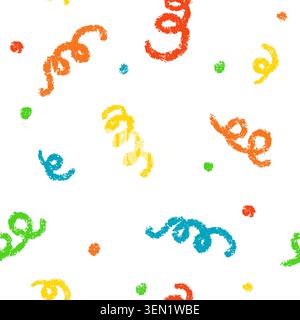 Doodle crayon confetti and streamers seamless pattern. Hand drawn celebration falling confetti. Party firecracker seamless texture. Popper bg. Chalk Stock Vector
