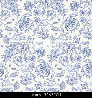 Vintage monochrome toile hand drawn Jacobean floral seamless pattern with folk botanical motifs. Boho Paisley blue line blooms and trailing vines on Stock Vector