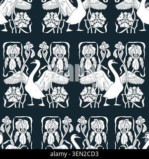 Seamless pattern with art nouveau style modern hand drawn elegant blue and white silhouette of swan and iris flowers symmetrical composition Stock Vector