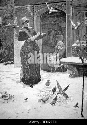 An elegantly dressed woman in winter attire stands in the freshly fallen snow. From a bowl in her hands, she feeds a flock of hungry birds—pigeons and smaller birds—that gather around her on the ground and in the air. A small boy sits with a shaggy dog by a magnificent, historically ornate archway. He watches the scene intently. Reproduction from a 19th-century original. Authentic, file restored for optimal use; exact date of the original unknown. Stock Photo