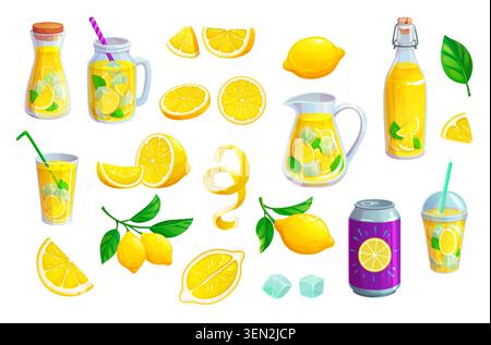 Lemonade and lemon juice drinks and fruits Stock Vector