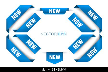 Collection of blue NEW ribbons and tags, ideal for product launches and promotions. Vector illustration Stock Vector