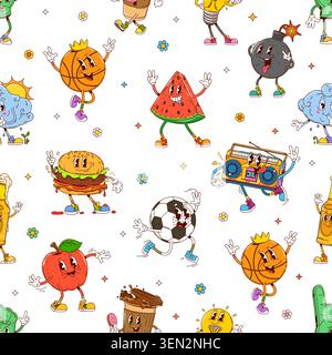 Funky groovy funny characters pattern background Stock Vector