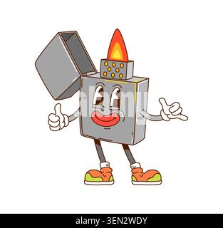 Cartoon groovy lighter character with fire flame Stock Vector