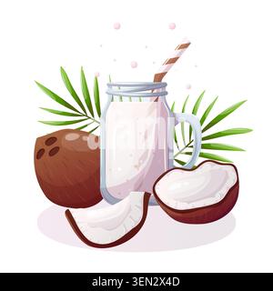 Vector illustration of coconut smoothie with palm leaves Stock Vector