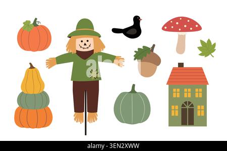 Collection of autumn seasonal vector illustration. Set of autumn patterns featuring a scarecrow, pumpkin, acorn, maple leaf, mushroom, house. Stock Vector