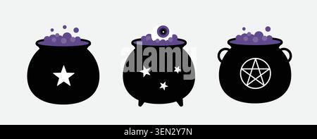 Set of witch's potion cauldron decorated with star patterns. Halloween Witch cauldron flat vector illustration. Stock Vector