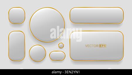 Glossy 3D blank buttons and frames with golden borders, ideal for modern web UI elements and design. Vector illustration. Stock Vector