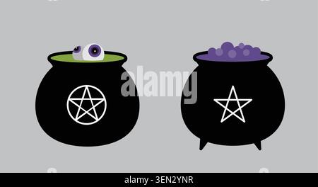 Set of witch's potion cauldron decorated with star patterns. Halloween Witch cauldron flat vector illustration. Stock Vector