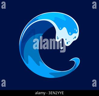 Ocean waves font letter C, sea water surf typeface Stock Vector