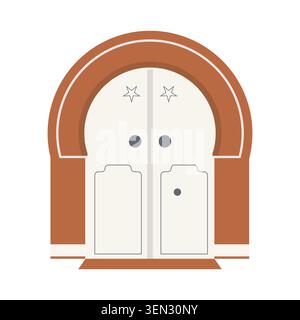 Arched tunisian double doors with star motifs, warm terracotta frame. Minimalist photo style, ideal for travel or architectural themes. Clean lines su Stock Vector