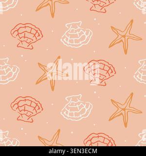 Coastal seamless pattern with starfish, seashells Stock Vector