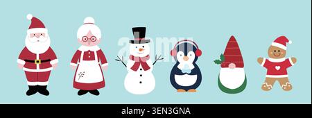 Hand drawn winter Christmas characters flat stock vector illustration Set. Collection of  Santa Claus, Mrs. Claus,snowman, penguin, gnome, gingerbread Stock Vector