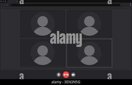 Video call interface mockup, laptop or computer screen layout, online conference template, abstract vector background with meeting control buttons, and participant profiles icons Stock Vector