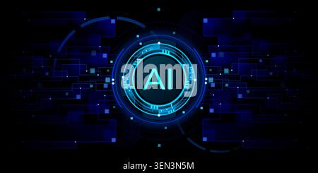 Futuristic AI technology background with neon blue HUD tech frame and glowing circuit pattern on black. Vector realistic illustration of electronic board data network lines, cyberpunk interface design Stock Vector