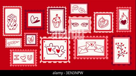 Cute Valentine postage stamp collection with doodle symbols. Contemporary vector illustration of romantic letter icons with heart, cake, bow decorations, vintage postal elements, greeting card designs Stock Vector