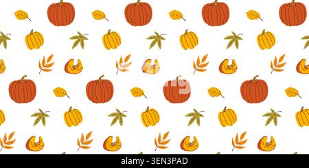 Sparse seamless pattern with autumn ripe pumpkins and fallen leaves on white, butternut squash slice with pulp for fabric, paper, wrapper Stock Vector