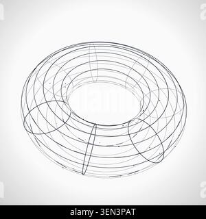 Modern technology-inspired 3D wire torus with layered lines and connection points Stock Vector